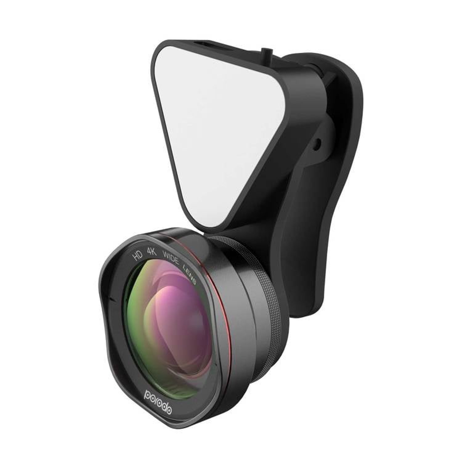 Porodo 3 in 1 Phone Camera Lens with Detachable Flash 3 Level Brightness – Adjustable Angle – 0.6x Wide Angle Lens – 15x Macro Lens – Dual Lens Suitable for Smartphones – Black